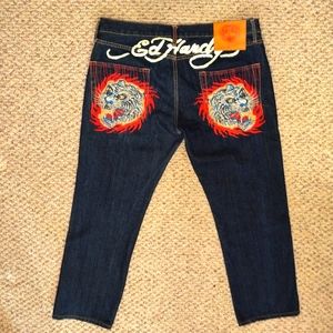 Ed Hardy Men's Embroidered Flaming Tiger Button Fly Blue Jeans 2007 - 38x34